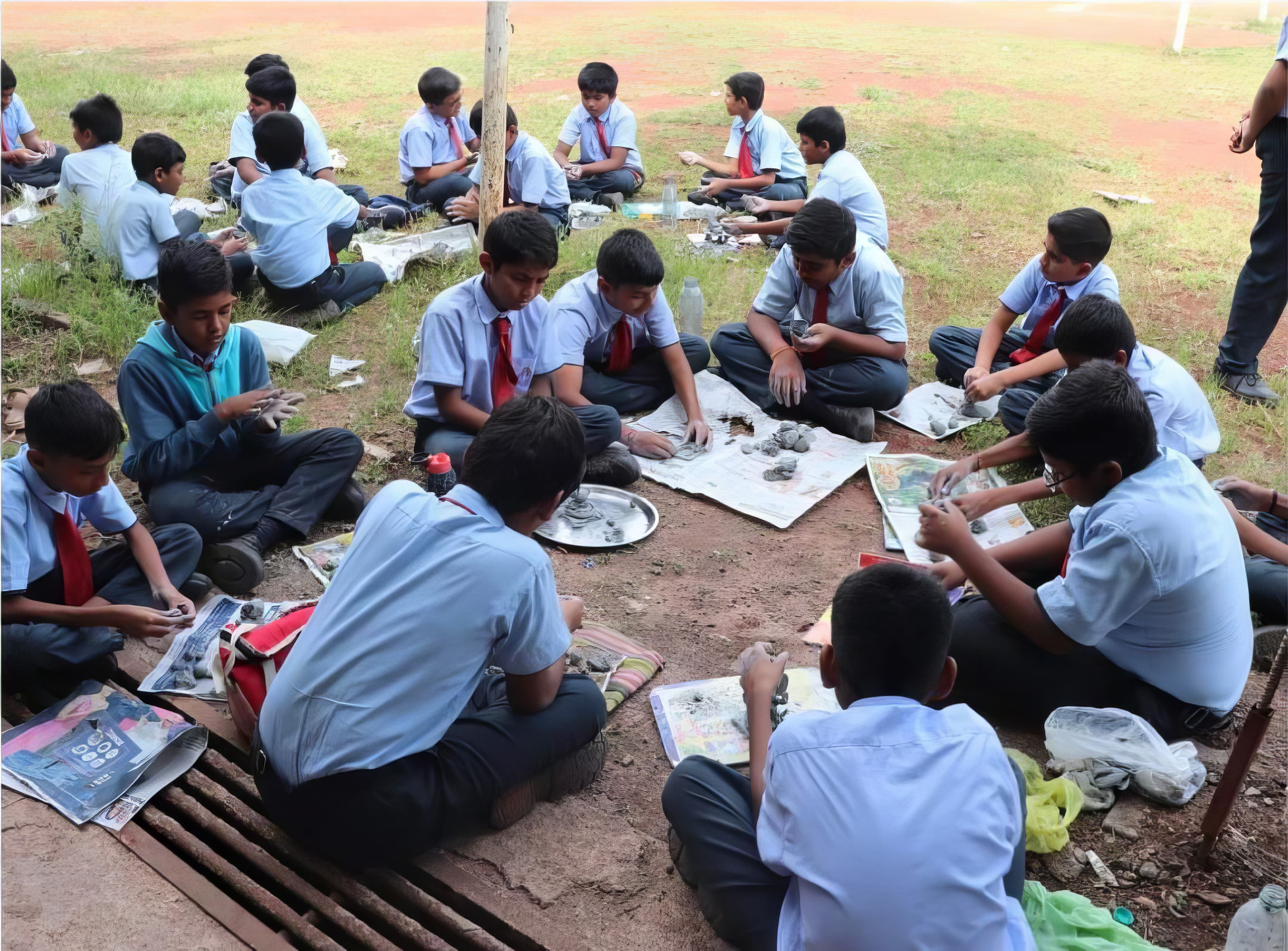 Boarding school students sitting outside